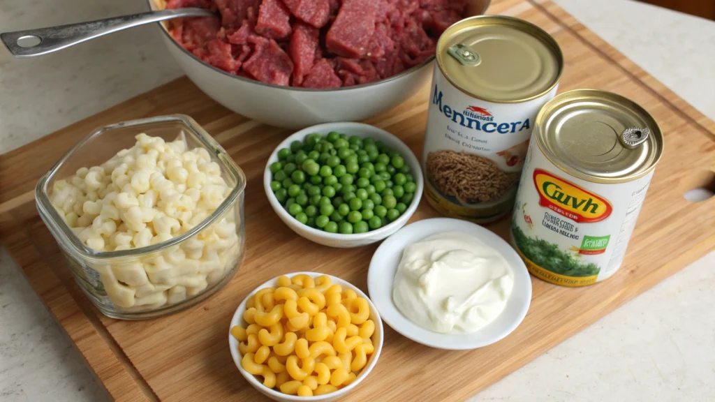 A Minnesotan Beef and Macaroni Hotdish ingredients