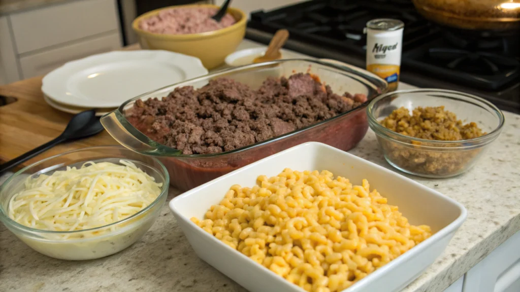 A Minnesotan Beef and Macaroni Hotdish preparing steps
