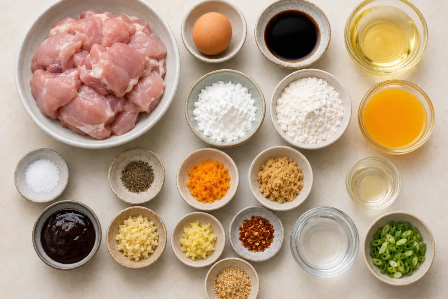 Ingredients for crispy orange chicken including chicken, flour, cornstarch, oranges, soy sauce, ginger, garlic, and seasonings