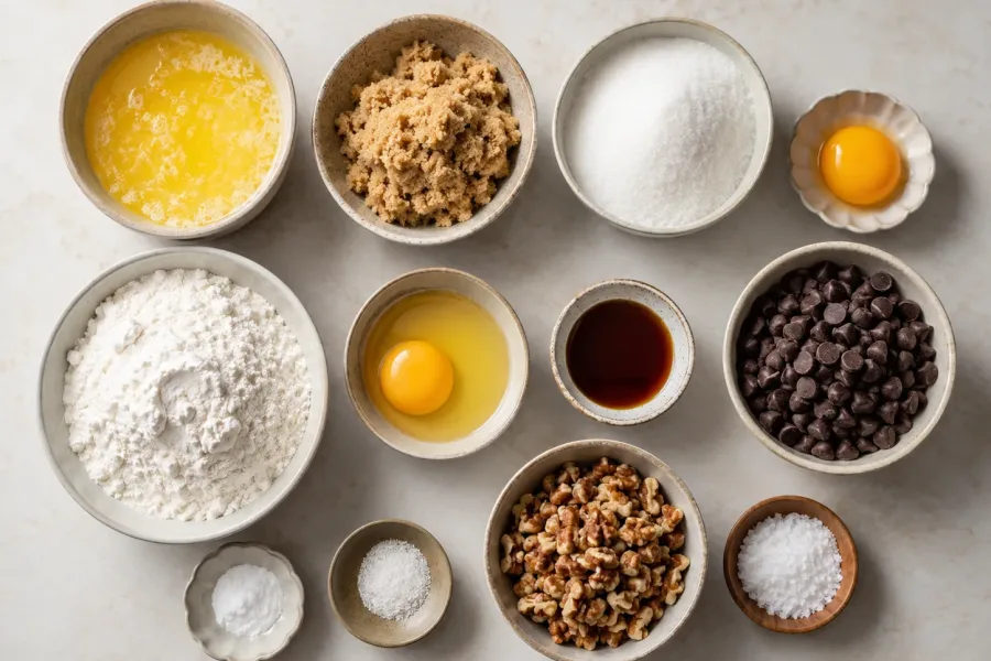 Ingredients for chocolate chip cookie bars including butter, flour, sugars, eggs, vanilla, and chocolate chips