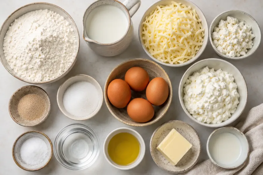 Ingredients for Adjarian khachapuri including flour, yeast, milk, cheese, eggs, and butter