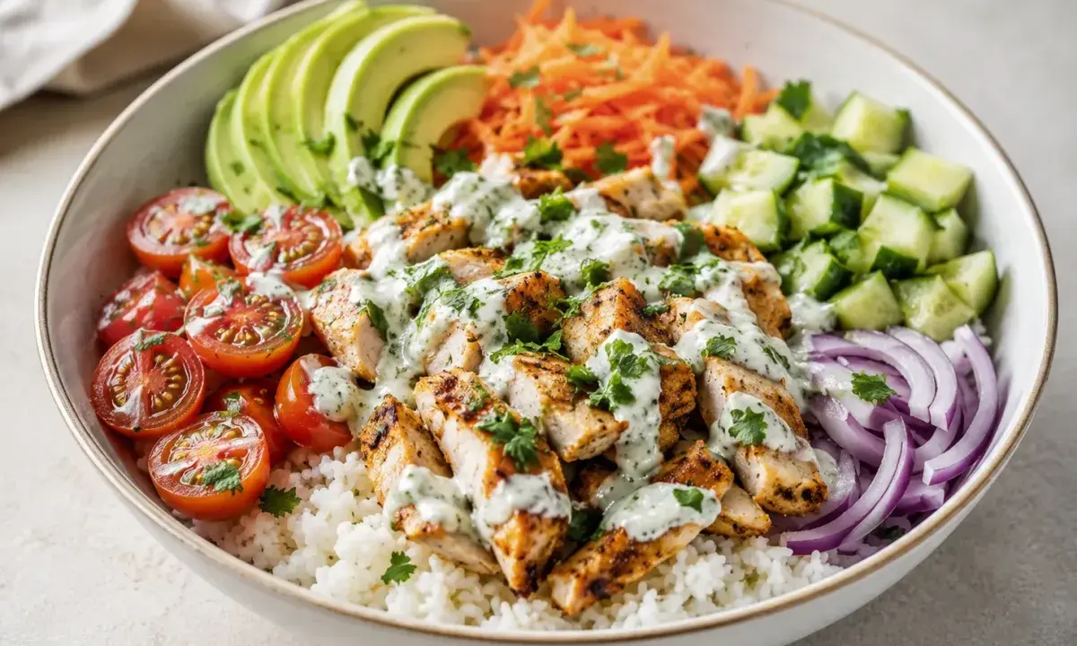Chicken rice bowl with seasoned chicken, white rice, tomatoes, cucumber, carrots, avocado, and garlic herb sauce