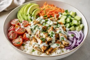 Chicken rice bowl with seasoned chicken, white rice, tomatoes, cucumber, carrots, avocado, and garlic herb sauce