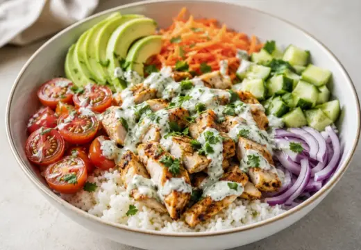 Chicken rice bowl with seasoned chicken, white rice, tomatoes, cucumber, carrots, avocado, and garlic herb sauce