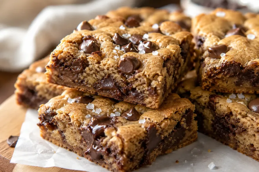 Chocolate chip cookie bar dough spread evenly in a parchment-lined square baking pan