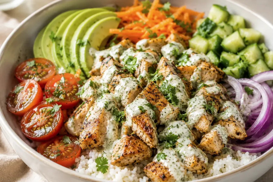 Seasoned chicken pieces cooking until golden in a skillet for chicken rice bowls
