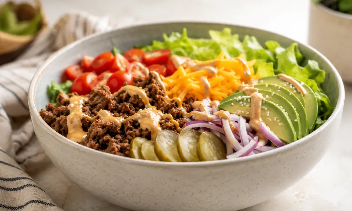 Burger bowl with seasoned ground beef, lettuce, tomatoes, pickles, cheddar cheese, and creamy sauce
