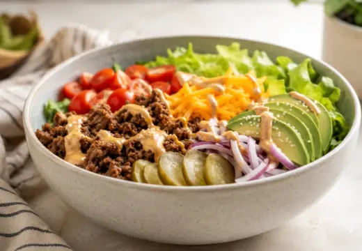 Burger bowl with seasoned ground beef, lettuce, tomatoes, pickles, cheddar cheese, and creamy sauce