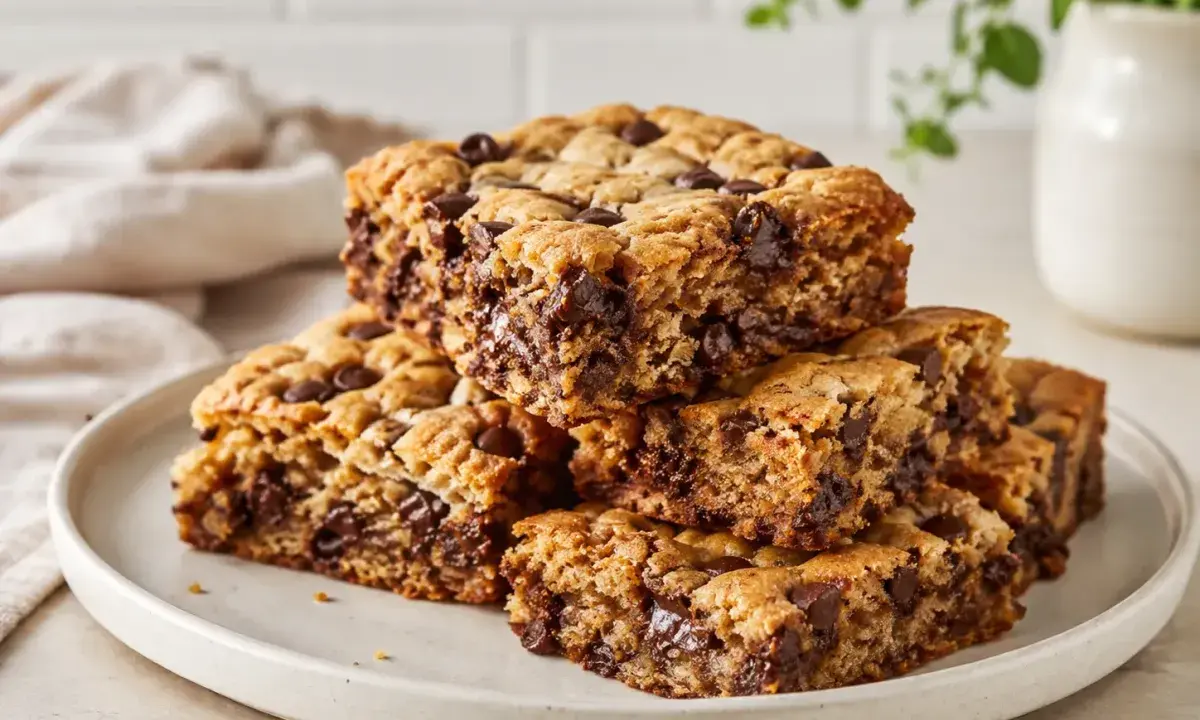 Soft chocolate chip cookie bars stacked on a plate with melted chocolate and golden edges