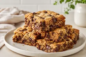 Soft chocolate chip cookie bars stacked on a plate with melted chocolate and golden edges