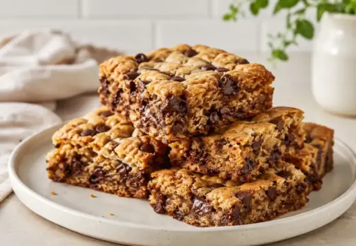 Soft chocolate chip cookie bars stacked on a plate with melted chocolate and golden edges