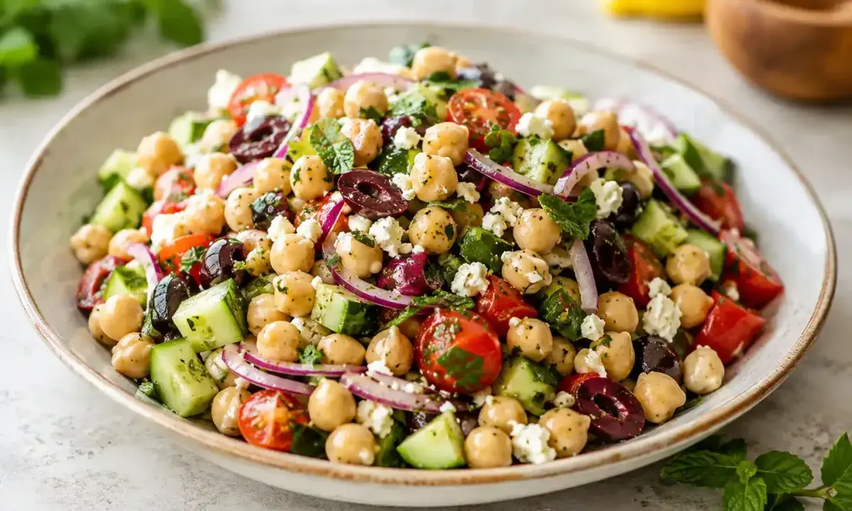 Mediterranean chickpea salad with cucumber, tomatoes, feta, olives, parsley, and lemon dressing