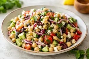 Mediterranean chickpea salad with cucumber, tomatoes, feta, olives, parsley, and lemon dressing