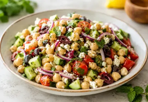 Mediterranean chickpea salad with cucumber, tomatoes, feta, olives, parsley, and lemon dressing