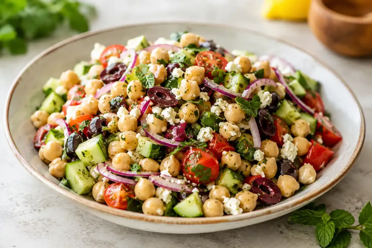 Mediterranean chickpea salad with cucumber, tomatoes, feta, olives, parsley, and lemon dressing