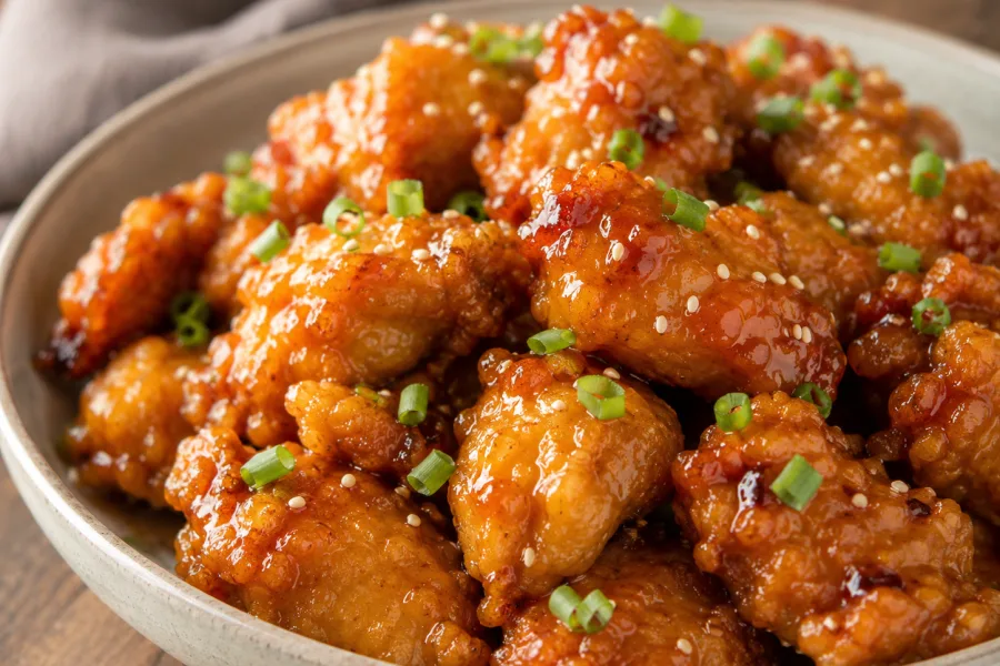 Bite-sized chicken pieces frying until golden and crisp for orange chicken