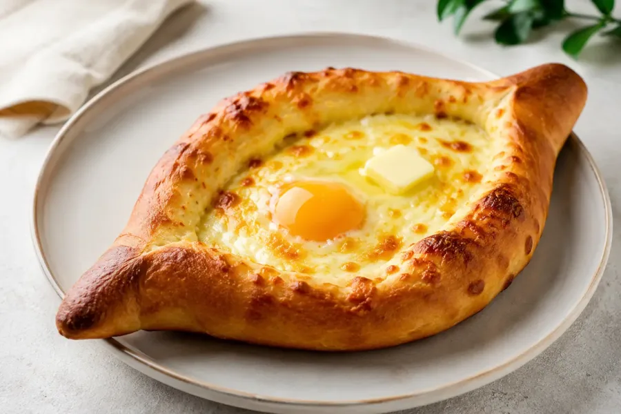 Boat-shaped khachapuri dough filled with cheese before baking