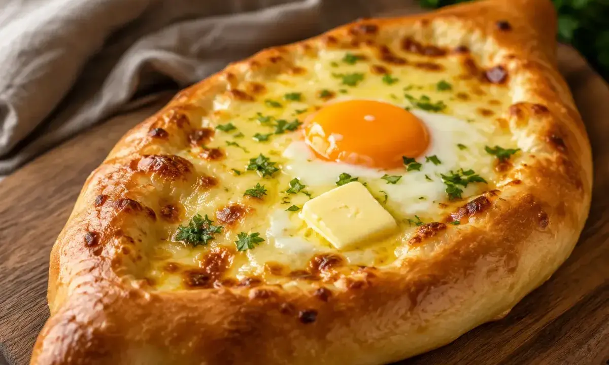 Adjarian khachapuri with bubbling cheese, soft egg yolk, and butter in a golden boat-shaped bread