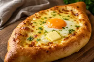 Adjarian khachapuri with bubbling cheese, soft egg yolk, and butter in a golden boat-shaped bread
