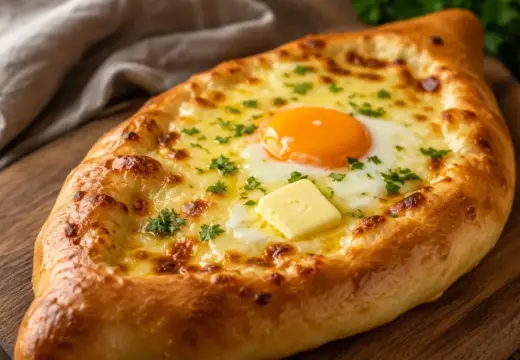 Adjarian khachapuri with bubbling cheese, soft egg yolk, and butter in a golden boat-shaped bread