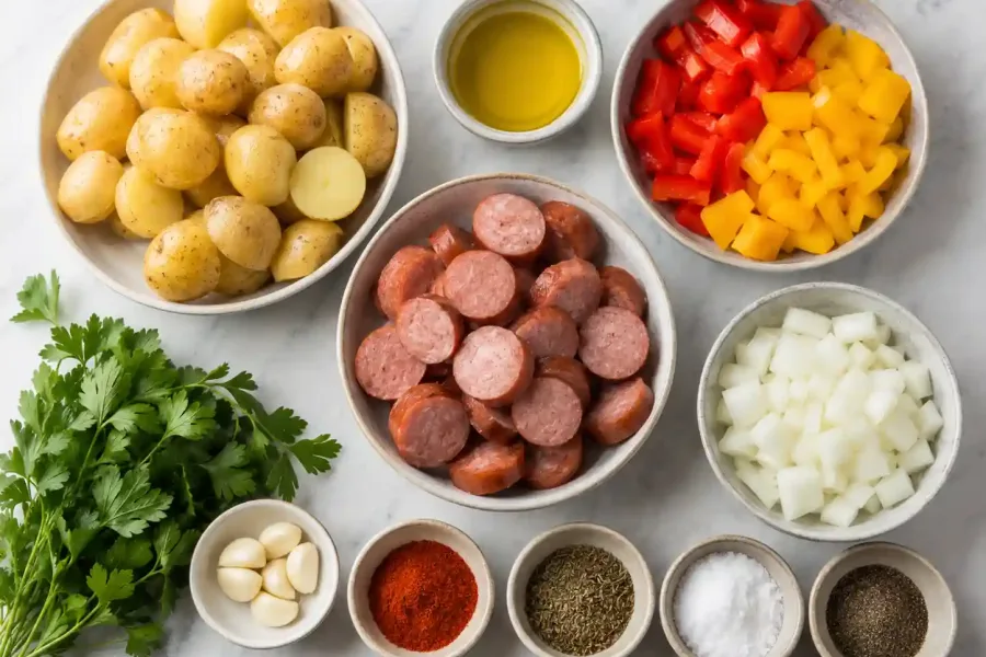 Ingredients for smoked sausage skillet including sausage, potatoes, peppers, onion, garlic, oil, herbs, salt, and pepper