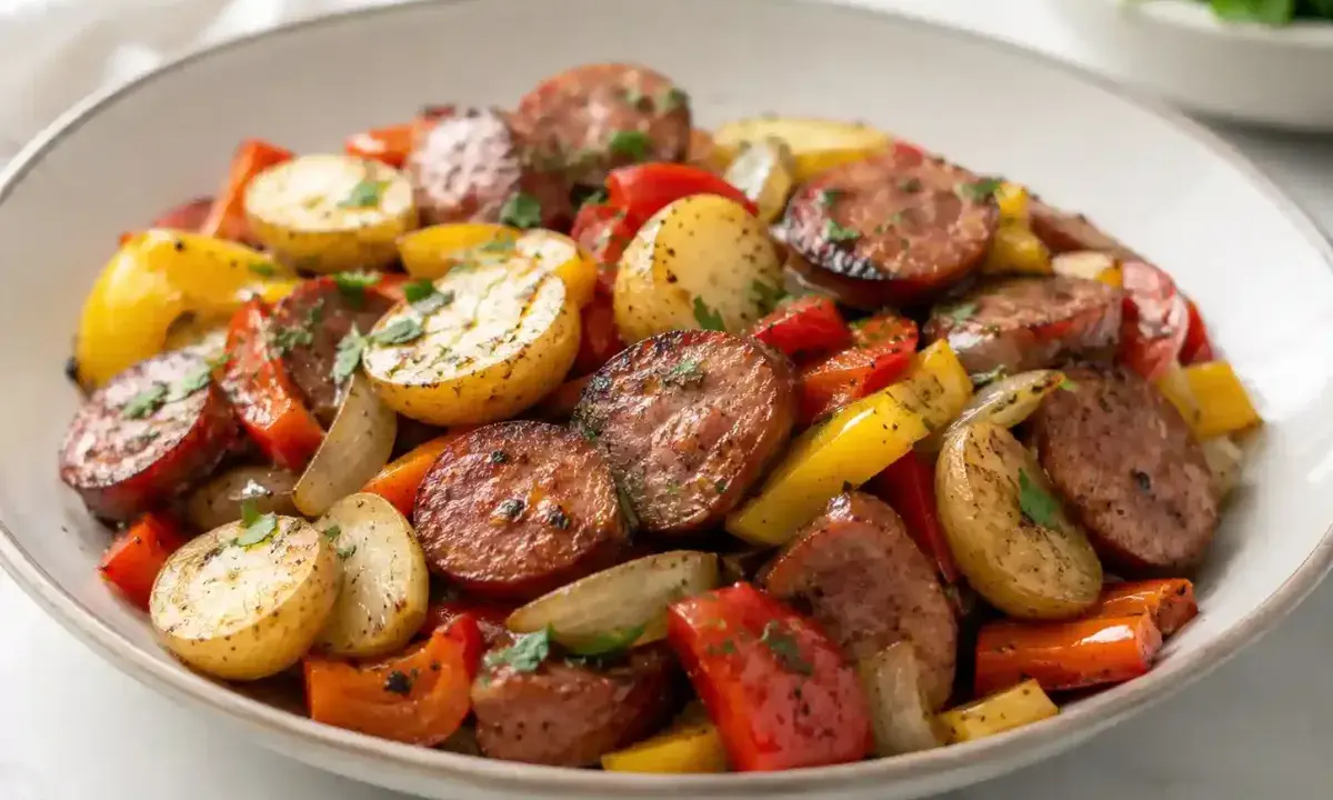 Smoked sausage and potato skillet with bell peppers, onions, and parsley