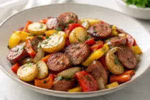 Smoked sausage and potato skillet with bell peppers, onions, and parsley