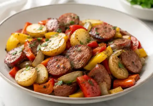 Smoked sausage and potato skillet with bell peppers, onions, and parsley