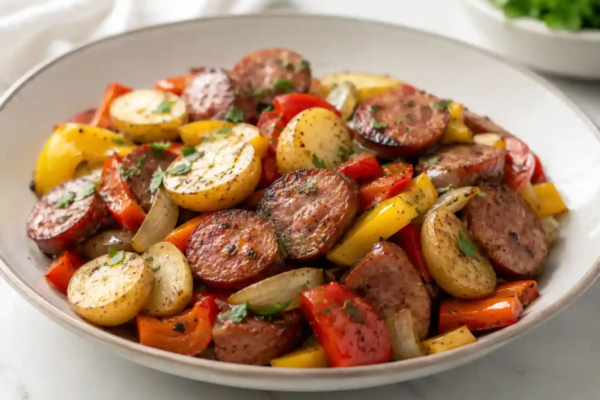 Smoked sausage and potato skillet with bell peppers, onions, and parsley