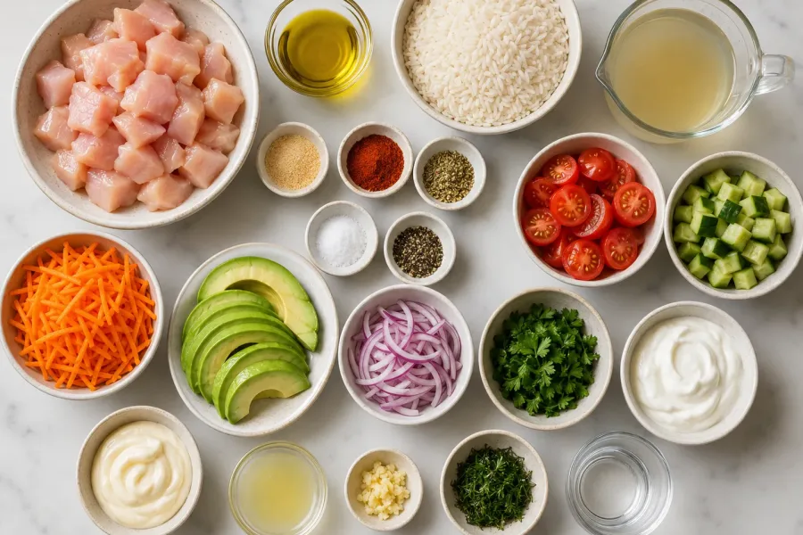 Ingredients for chicken rice bowls including chicken, rice, tomatoes, cucumber, carrots, avocado, herbs, and sauce ingredients