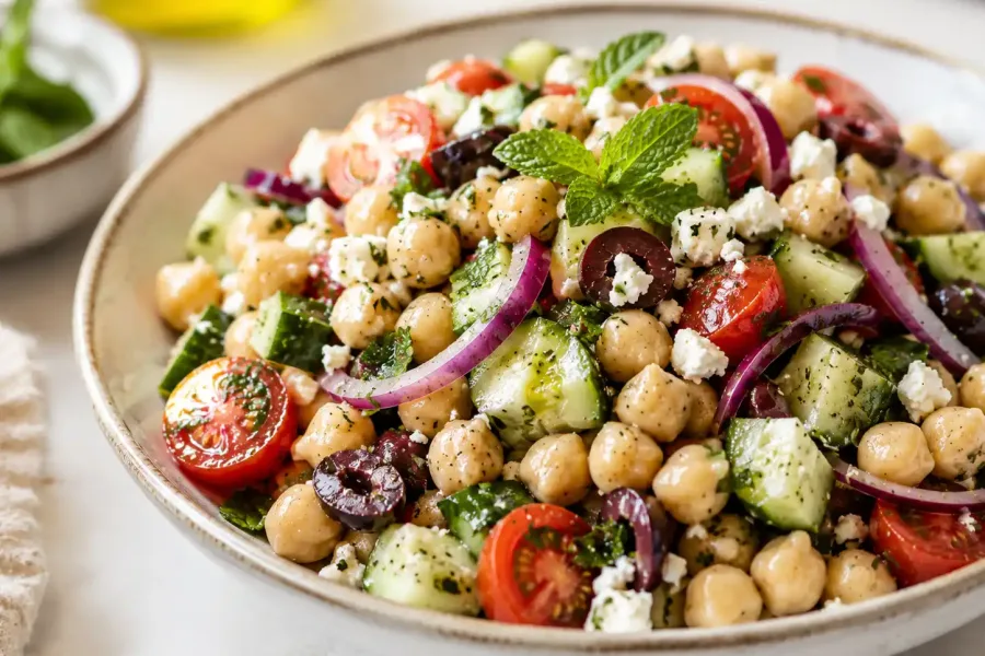 Mediterranean chickpea salad being tossed with lemon and olive oil dressing in a large bowl