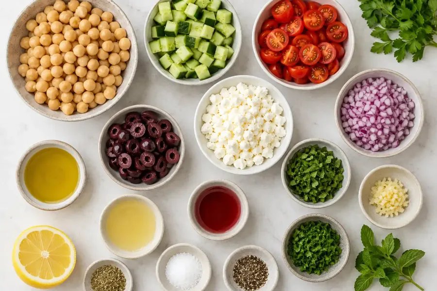 Ingredients for Mediterranean chickpea salad including chickpeas, cucumber, tomatoes, feta, olives, herbs, and lemon