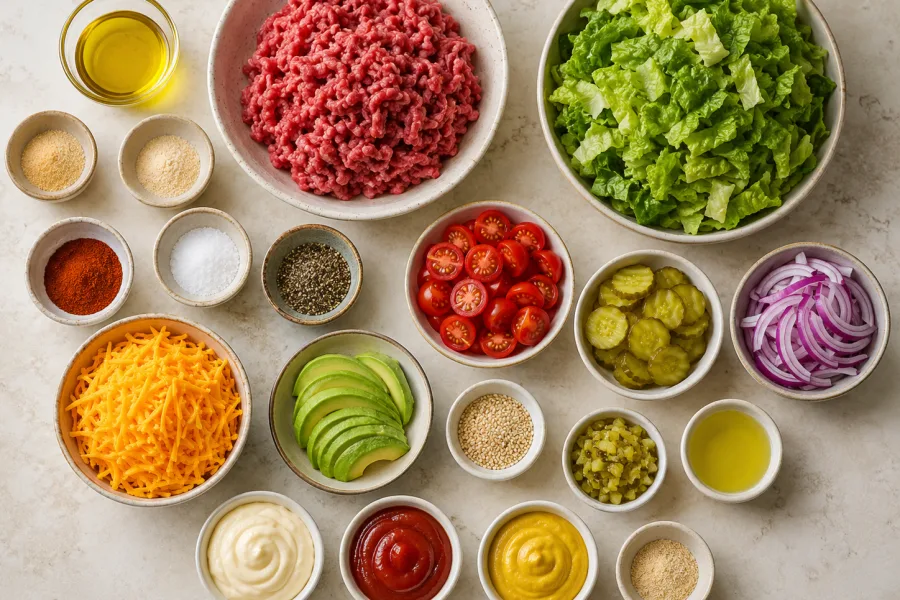 Ingredients for burger bowls including ground beef, lettuce, tomatoes, pickles, onion, cheese, and burger sauce