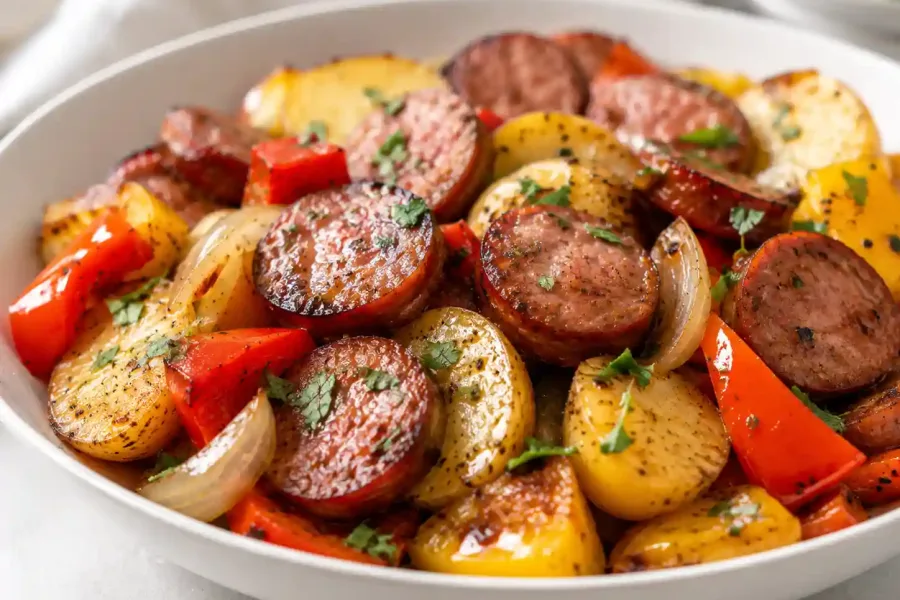 Smoked sausage, potatoes, peppers, and onions cooking in a skillet