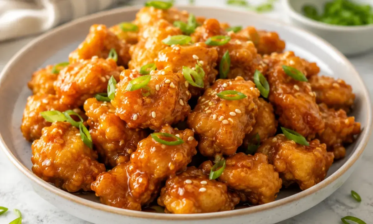 Crispy orange chicken coated in glossy orange sauce and garnished with green onions and sesame seeds