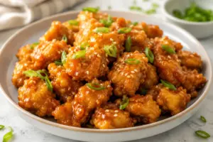 Crispy orange chicken coated in glossy orange sauce and garnished with green onions and sesame seeds