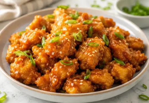 Crispy orange chicken coated in glossy orange sauce and garnished with green onions and sesame seeds