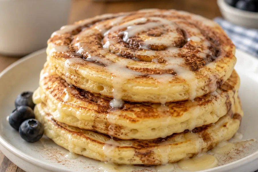 Close-up of Cinnamon Roll Pancakes with Creamy Glaze