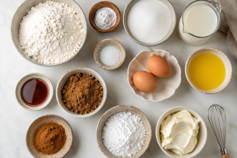 Ingredients for Cinnamon Roll Pancakes with Creamy Glaze