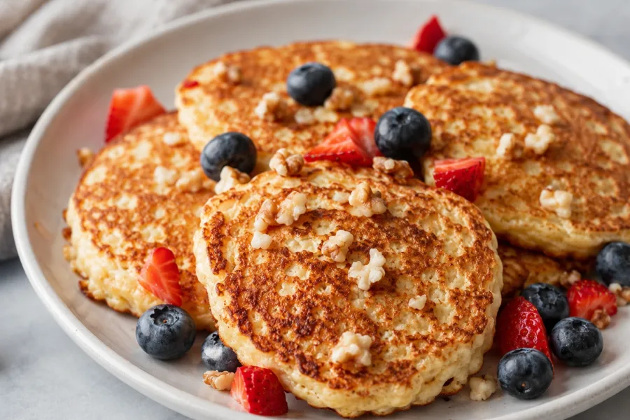 Close-up of fluffy cottage cheese breakfast pancakes topped with berries and syrup