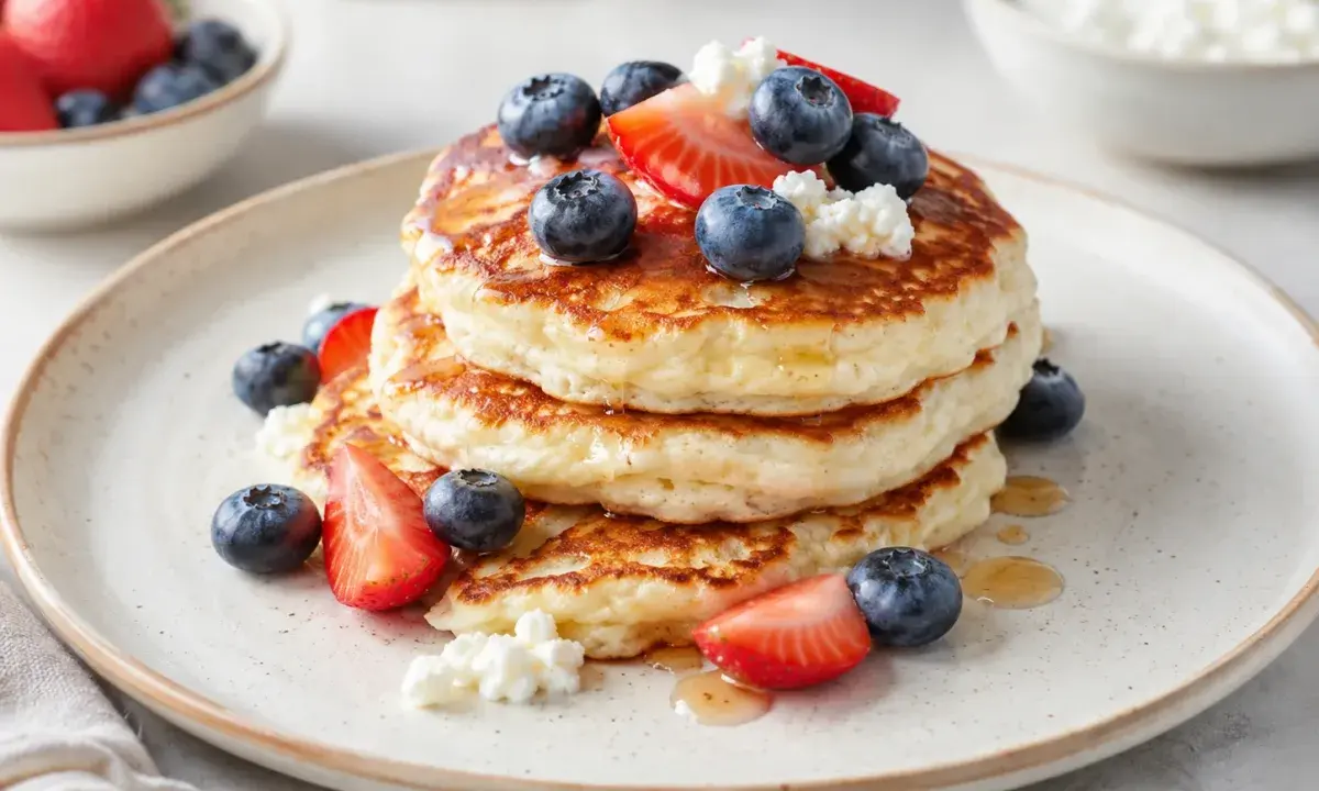 Cottage cheese breakfast pancakes plated with berries and maple syrup