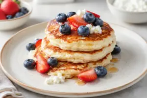 Cottage cheese breakfast pancakes plated with berries and maple syrup
