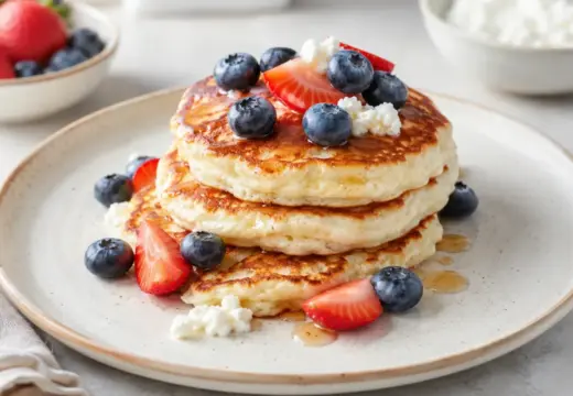Cottage cheese breakfast pancakes plated with berries and maple syrup