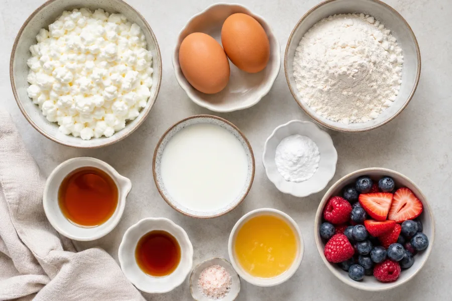 Ingredients for cottage cheese breakfast pancakes including cottage cheese, eggs, flour, milk, vanilla, maple syrup, berries, and baking powder