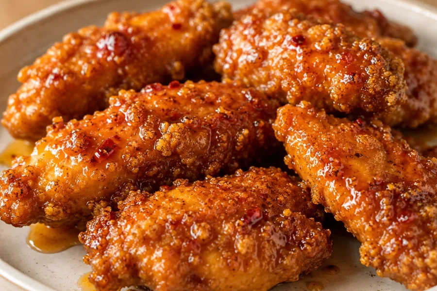 Close-up of crispy hot honey chicken showing crunchy coating and glaze