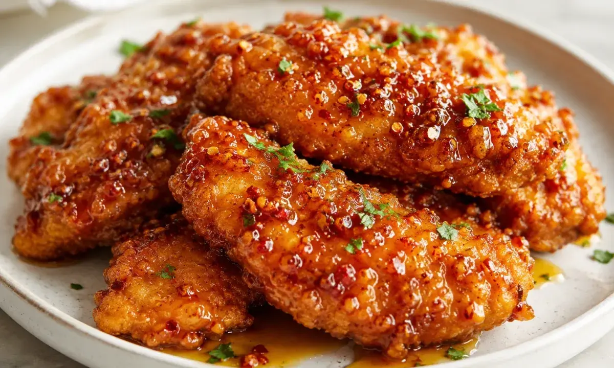 Crispy baked hot honey chicken with a glossy sweet-spicy glaze