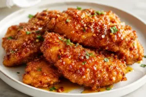 Crispy baked hot honey chicken with a glossy sweet-spicy glaze