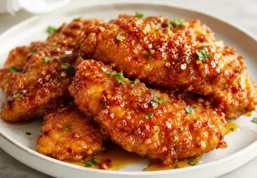 Crispy baked hot honey chicken with a glossy sweet-spicy glaze