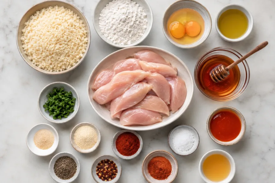 Ingredients for crispy baked hot honey chicken arranged overhead
