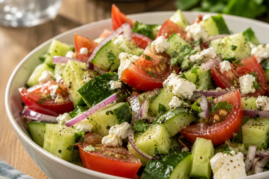 Close-up of Cucumber and Feta Salad Recipe with Fresh Herbs